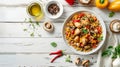 Generative AI Chicken Paella of arborio rice chicken fillet mushrooms julienned bell pepper and spices in white bo Royalty Free Stock Photo