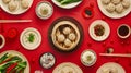 Generative AI Chinese dinner table with steamed pork baozi dumplings pak choi and rice isolated on a red backgroun