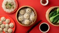 Generative AI Chinese dinner table with steamed pork baozi dumplings pak choi and rice isolated on a red backgroun