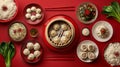 Generative AI Chinese dinner table with steamed pork baozi dumplings pak choi and rice on a red backgroun