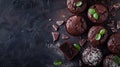 Generative AI Chocolate brownies cacao muffins flat lay baking concept top view copy space on dark background busi Royalty Free Stock Photo