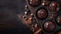 Generative AI Chocolate brownies cacao muffins flat lay baking concept top view copy space on dark background busi Royalty Free Stock Photo