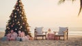 Generative AI, Christmas on the beach. Gifts, Christmas tree, palm, ocean