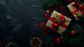 Generative AI Christmas dark black background with beautiful texture and Golden gift box with red ribbon fir branc Royalty Free Stock Photo