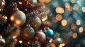 Generative AI Christmas holiday decorations with balls garland and bokeh lights on Christmas tree background Holid