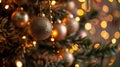 Generative AI Christmas holiday decorations with balls garland and bokeh lights on Christmas tree background Holid