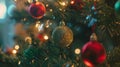Generative AI Christmas holiday decorations with balls garland and bokeh lights on Christmas tree background Holid