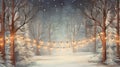 Generative AI Christmas and New Year banner. Fabulous winter snow forest with a garland and a copy space for text and Royalty Free Stock Photo