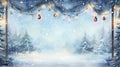 Generative AI Christmas and New Year banner. Fabulous winter snow forest with a garland and a copy space for text and