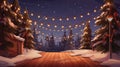 Generative AI Christmas and New Year banner. Fabulous winter snow forest with a garland and a copy space for text and Royalty Free Stock Photo