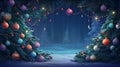 Generative AI Christmas and New Year blue banner with copy space. A fabulous winter forest with a Christmas tree Royalty Free Stock Photo