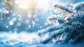 Generative AI Christmas winter snow background with fir branches macro with soft focus and snowfall in blue tones Royalty Free Stock Photo