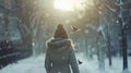 Generative AI City park in winter with heavy snowfall Woman walks down the street and flying birds in the snow sto Royalty Free Stock Photo