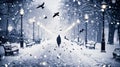 Generative AI City park in winter with heavy snowfall Woman walks down the street and flying birds in the snow sto Royalty Free Stock Photo