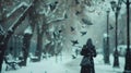 Generative AI City park in winter with heavy snowfall Woman walks down the street and flying birds in the snow sto Royalty Free Stock Photo