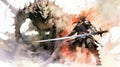 Generative AI, Clash of Legends: Dragon and Knight Engaged in an Epic Battle