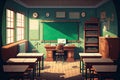 Generative AI classroom with green board and empty wooden desks. Royalty Free Stock Photo