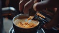 Generative AI Close up barista hands pouring milk in coffee cup for making latte art business concept. Royalty Free Stock Photo