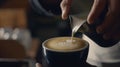 Generative AI Close up barista hands pouring milk in coffee cup for making latte art business concept. Royalty Free Stock Photo