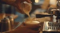 Generative AI Close up barista hands pouring warm milk in coffee cup for making latte art business concept. Royalty Free Stock Photo