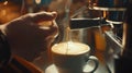 Generative AI Close up barista hands pouring warm milk in coffee cup for making latte art business concept. Royalty Free Stock Photo