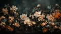 Generative AI, Close up of blooming flowerbeds of amazing apricot orange color flowers on dark moody floral