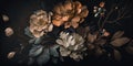 Generative AI, Close up of blooming flowerbeds of amazing apricot orange color flowers on dark moody floral