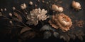 Generative AI, Close up of blooming flowerbeds of amazing apricot orange color flowers on dark moody floral