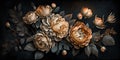 Generative AI, Close up of blooming flowerbeds of amazing apricot orange color flowers on dark moody floral