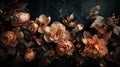 Generative AI, Close up of blooming flowerbeds of amazing apricot orange color flowers on dark moody floral