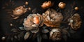 Generative AI, Close up of blooming flowerbeds of amazing apricot orange color flowers on dark moody floral