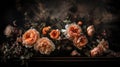 Generative AI, Close up of blooming flowerbeds of amazing apricot orange color flowers on dark moody floral