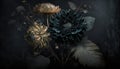 Generative AI, Close up of blooming flowerbeds of amazing black flowers on dark gothic moody