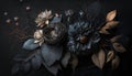 Generative AI, Close up of blooming flowerbeds of amazing black flowers on dark gothic moody