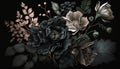 Generative AI, Close up of blooming flowerbeds of amazing black flowers on dark gothic moody