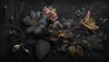 Generative AI, Close up of blooming flowerbeds of amazing black flowers on dark gothic moody