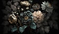 Generative AI, Close up of blooming flowerbeds of amazing black flowers on dark gothic moody