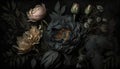 Generative AI, Close up of blooming flowerbeds of amazing black flowers on dark gothic moody