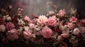 Generative AI, Close up of blooming flowerbeds of amazing light pink flowers on dark moody