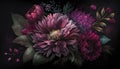 Generative AI, Close up of blooming flowerbeds of amazing viva magenta flowers on dark moody floral textured background.