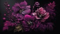 Generative AI, Close up of blooming flowerbeds of amazing viva magenta flowers on dark moody floral textured background.