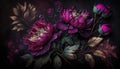 Generative AI, Close up of blooming flowerbeds of amazing viva magenta flowers on dark moody floral textured background.