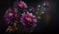 Generative AI, Close up of blooming flowerbeds of amazing viva magenta flowers on dark moody floral textured background.