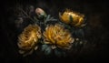 Generative AI, Close up of blooming flowerbeds of amazing yellow flowers on dark moody floral textured background. Photorealistic