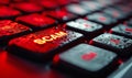 Close-up of a bright red \'SCAM\' alert button on a computer keyboard, symbolizing the importance of cybersecurity Royalty Free Stock Photo