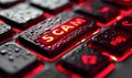 Close-up of a bright red \'SCAM\' alert button on a computer keyboard, symbolizing the importance of cybersecurity Royalty Free Stock Photo