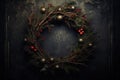 Generative AI, Close up Christmas wreath, dried branches, red berries, pine, balls and flowers