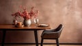 Generative AI Close up of design wooden table with, stylish chairs, flowers in vase and elegant accessoreis. Detai