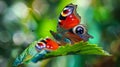 Generative AI Close up of a fresh colorful Peacock butterfly Inachis io posing on a green leaf business concept. Royalty Free Stock Photo