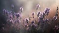 Generative AI, Close up growing lavender field with perfume smoke, flowering lavandula Royalty Free Stock Photo